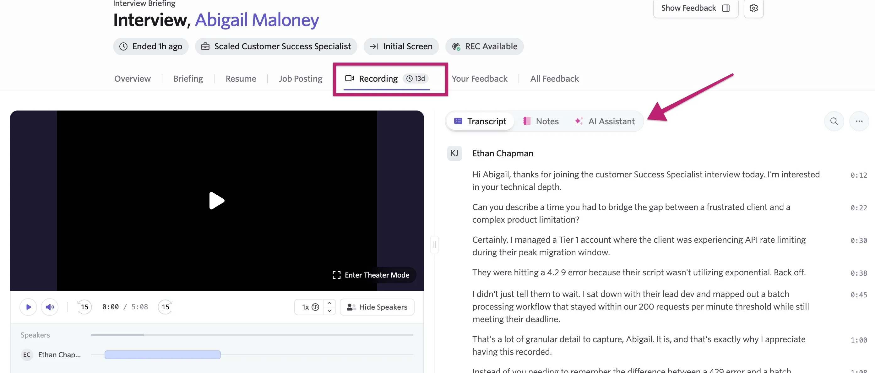 Screenshot of the interview briefing Recording tab showing the recording player on the left and the Transcript, Notes, and AI Assistant tabs on the right.