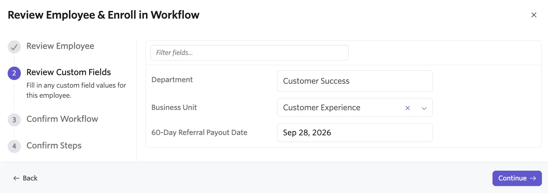 Screenshot of the Workflow Enrollment wizard on the employee custom fields step