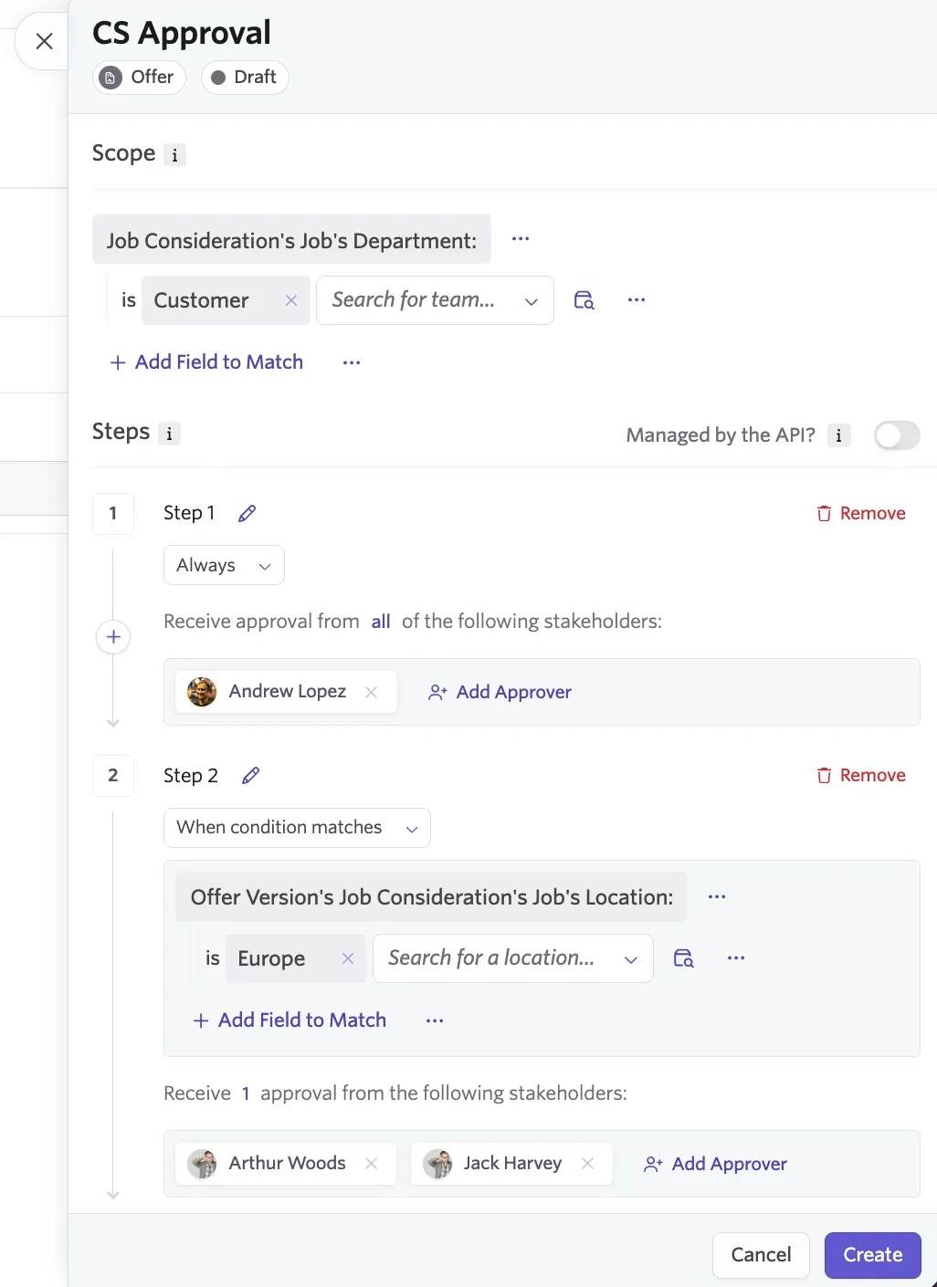 The screenshot shows a drafted offer approval with the Create button at the bottom of the popover. The screenshot shows a drafted offer approval with the Create button at the bottom of the popover.
