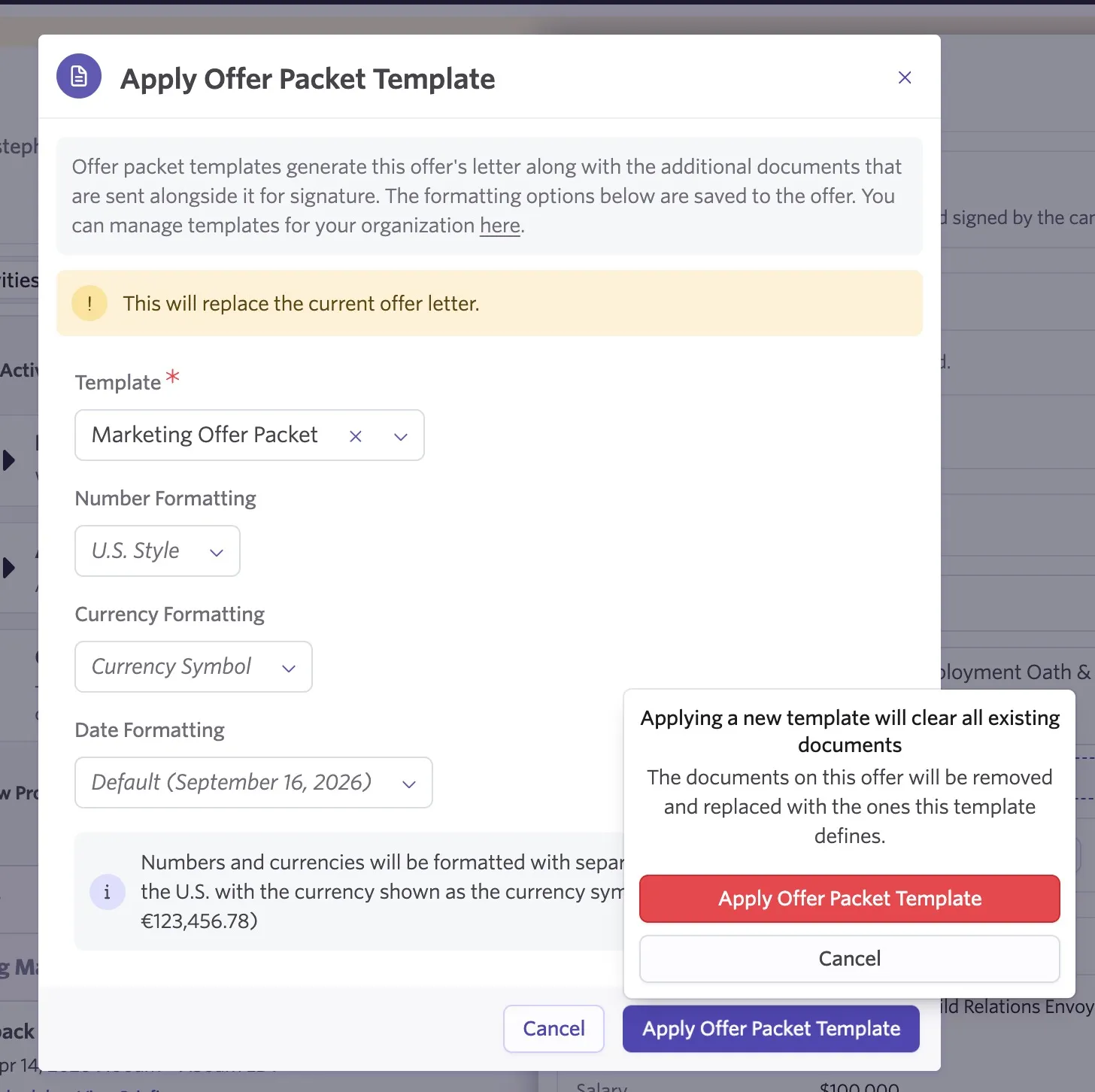 Apply Offer Packet Template dialog showing a warning that applying the Marketing Offer Packet will replace the current offer letter and clear all existing documents. Apply Offer Packet Template dialog showing a warning that applying the Marketing Offer Packet will replace the current offer letter and clear all existing documents.