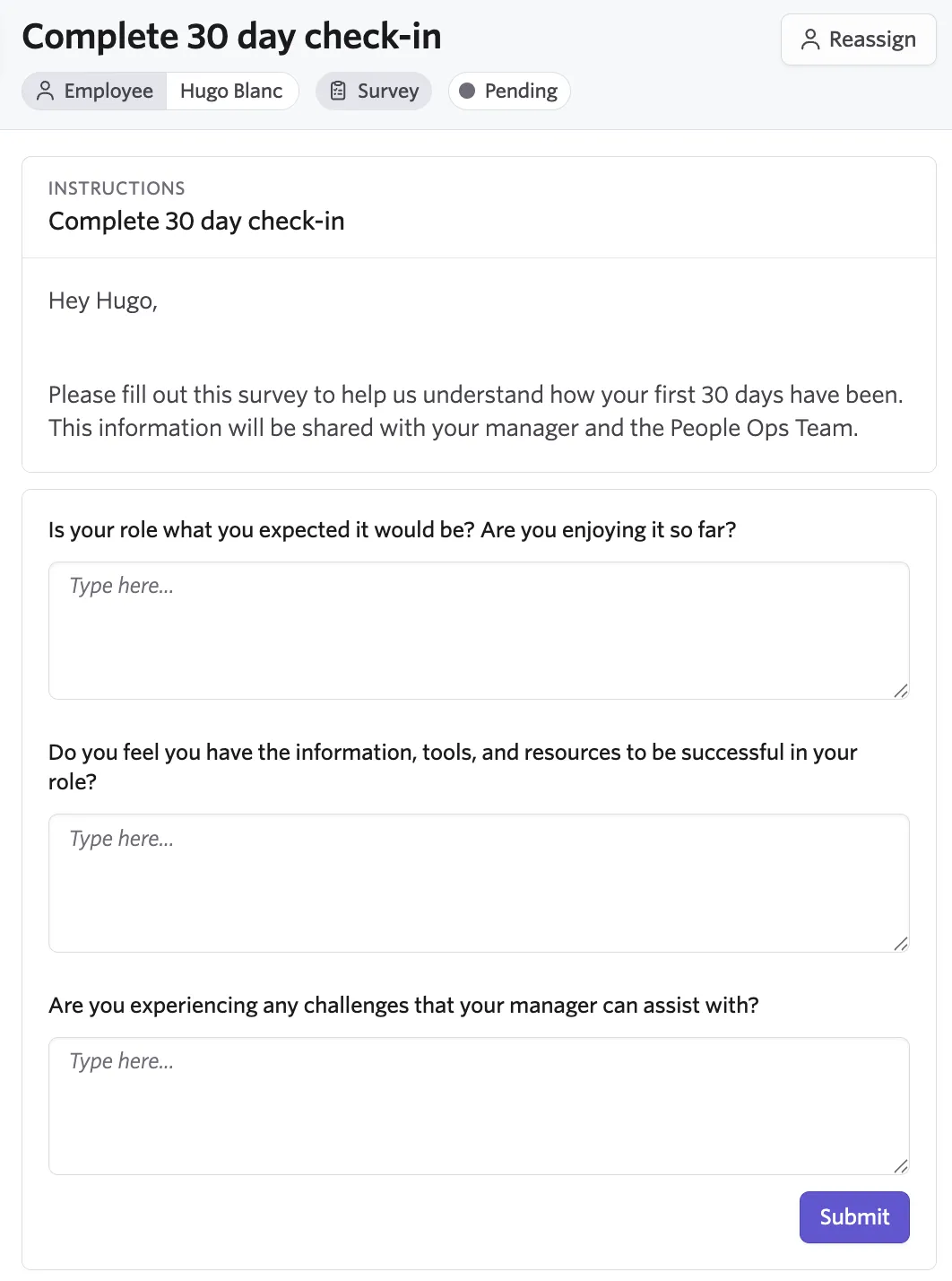 Screenshot of a survey task open in People Ops showing answer fields and the Submit button Screenshot of a survey task open in People Ops showing answer fields and the Submit button