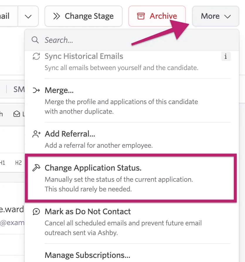 Highlights the Change Application Status option under the More menu on a candidate profile