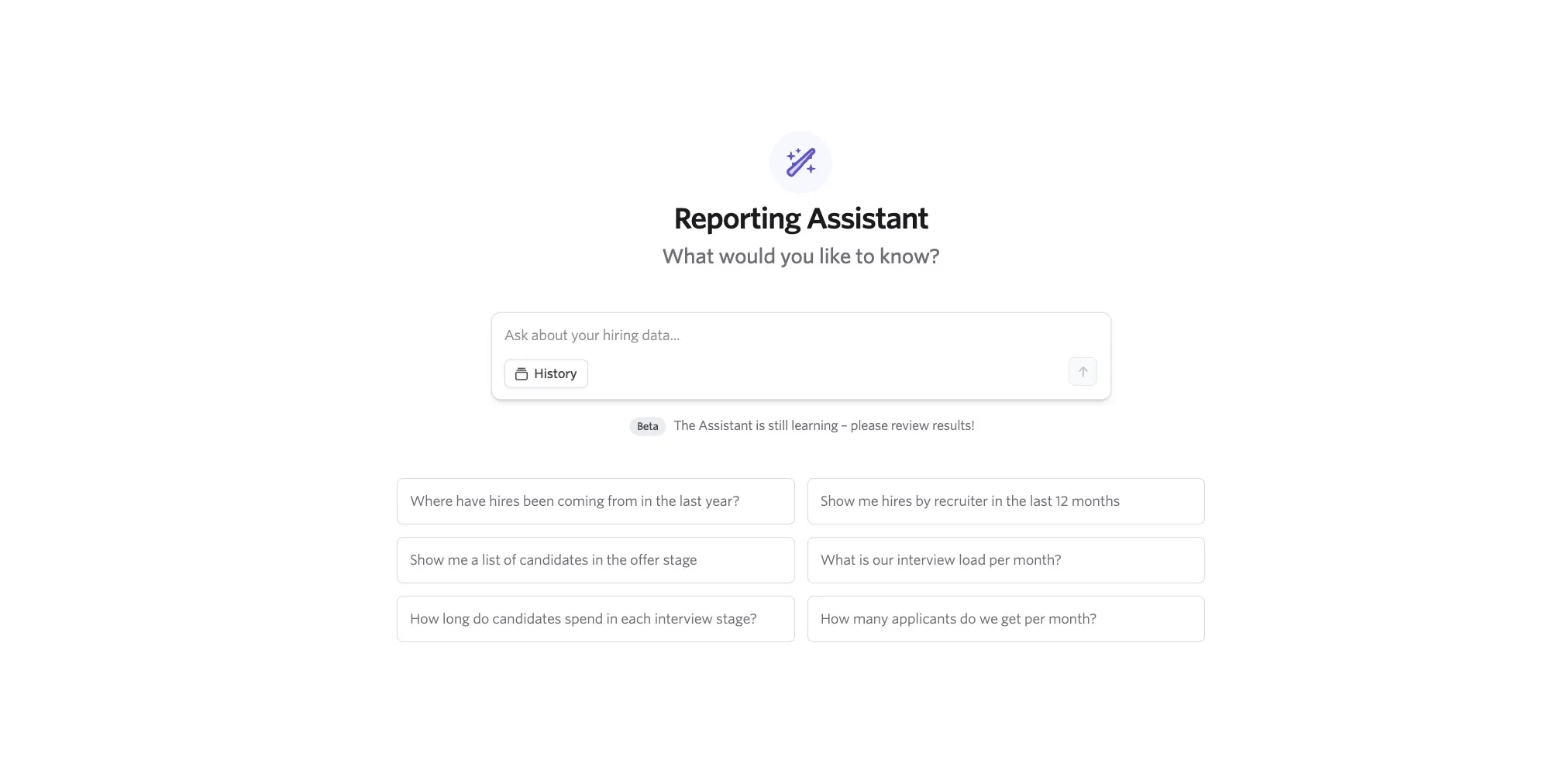 Screenshot of the AI Reporting Assistant chat interface showing a prompt input field