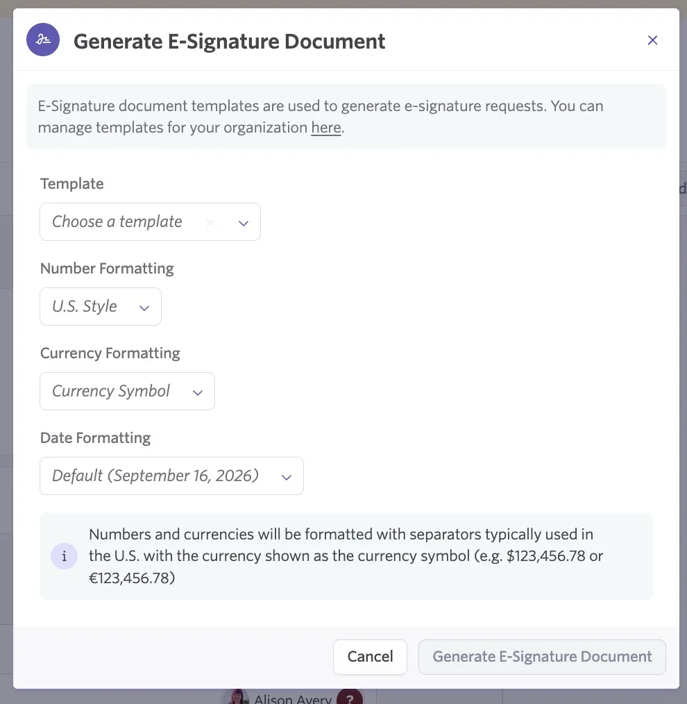 Generating an e-signature document and setting the number, currency and date formatting options.
