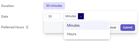 The screenshot shows the Duration stage of the event step configuration process.