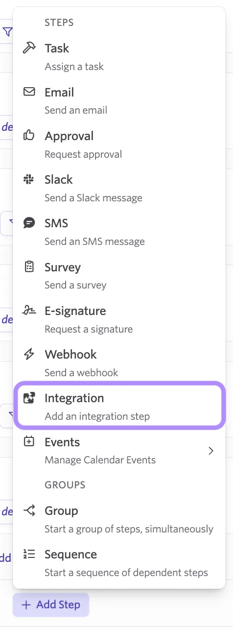 The screenshot shows the option to add a step to your workflow with the Integration option highlighted.