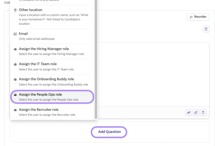 Screenshot showing a survey step configured to assign a Custom Onboarding Role