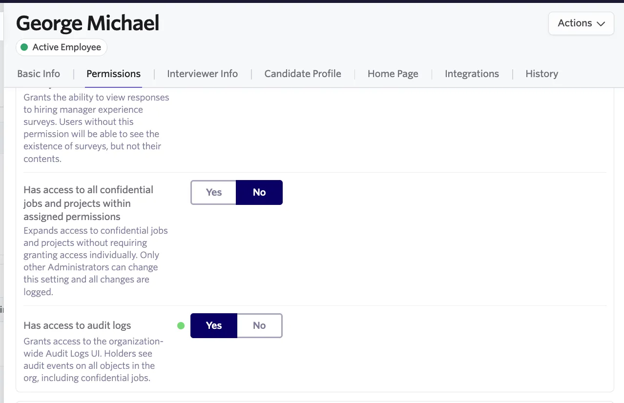 Shows the area to give access to audit logs under the Permissions tab of an employee profile Shows the area to give access to audit logs under the Permissions tab of an employee profile
