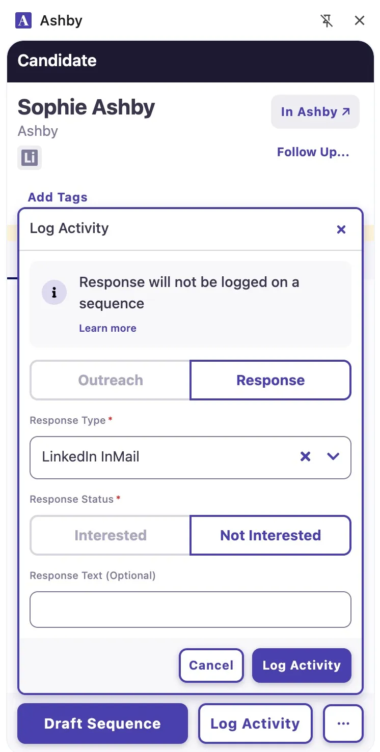 The screenshot shows the Log Activity section of the Ashby Chrome extension with the Response tab highlighted. The screenshot shows the Log Activity section of the Ashby Chrome extension with the Response tab highlighted.