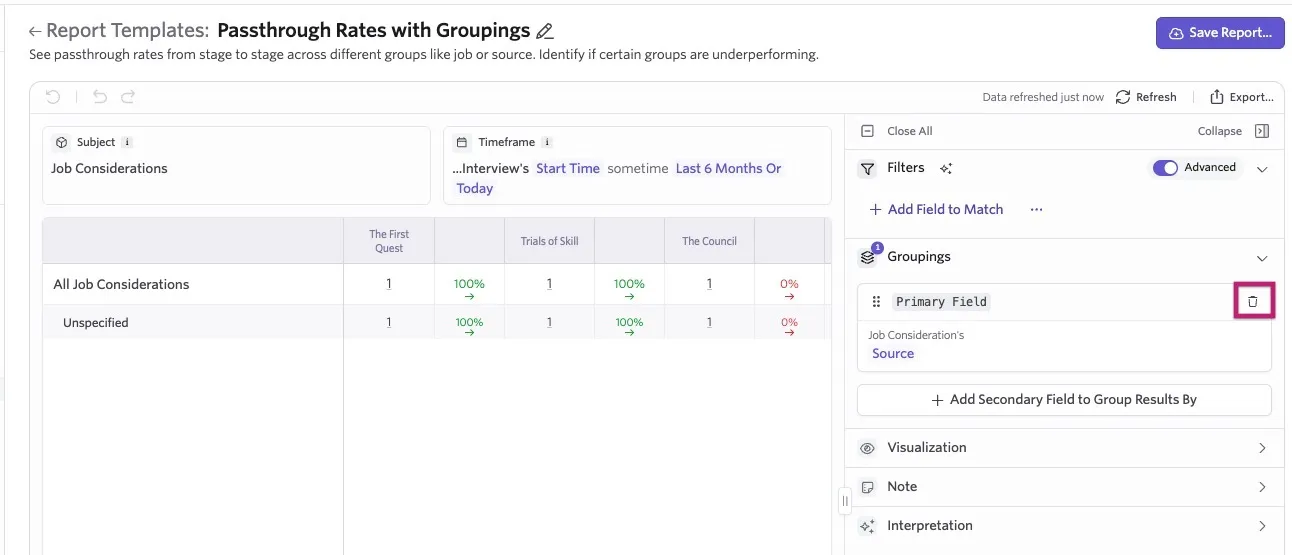 Ashby Passthrough Rates with Groupings report template with job considerations grouped by Source and the delete grouping icon highlighted.