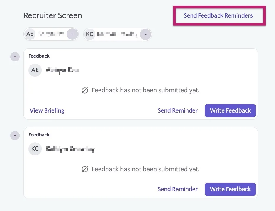 The screenshot shows a record of feedback being due on the candidate feed with the option to Send Feedback Reminders highlighted. The screenshot shows a record of feedback being due on the candidate feed with the option to Send Feedback Reminders highlighted.