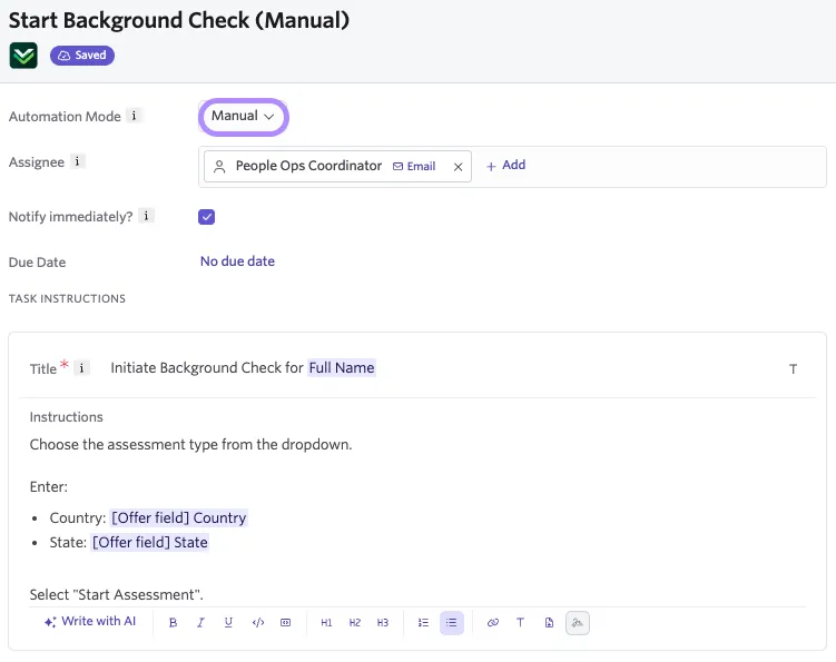 Screenshot showing the Manual mode configuration options for an assessment integration workflow step