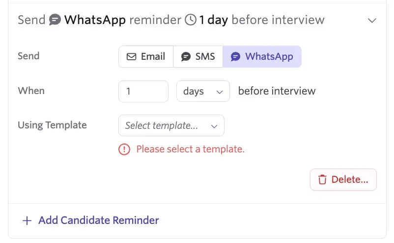 The screenshot shows the screen to configure a WhatsApp interview reminder.