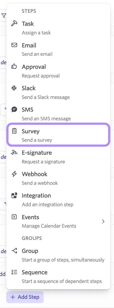 Screenshot of the Add Step panel in the People Ops workflow editor.