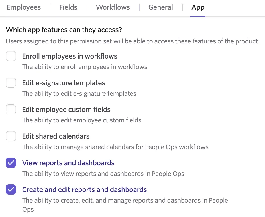 permission set editor in People Ops with the applicable Reporting permissions highlighted. permission set editor in People Ops with the applicable Reporting permissions highlighted.