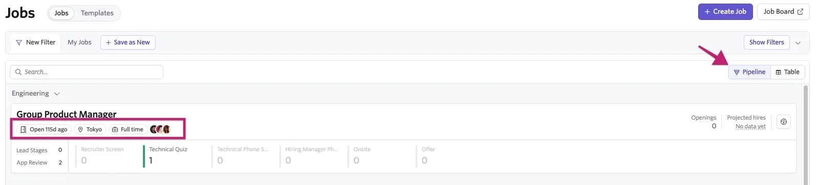 Selecting the pipeline view on the Job page - you can then click the appropriate pill to be taken to the page to make adjustments.