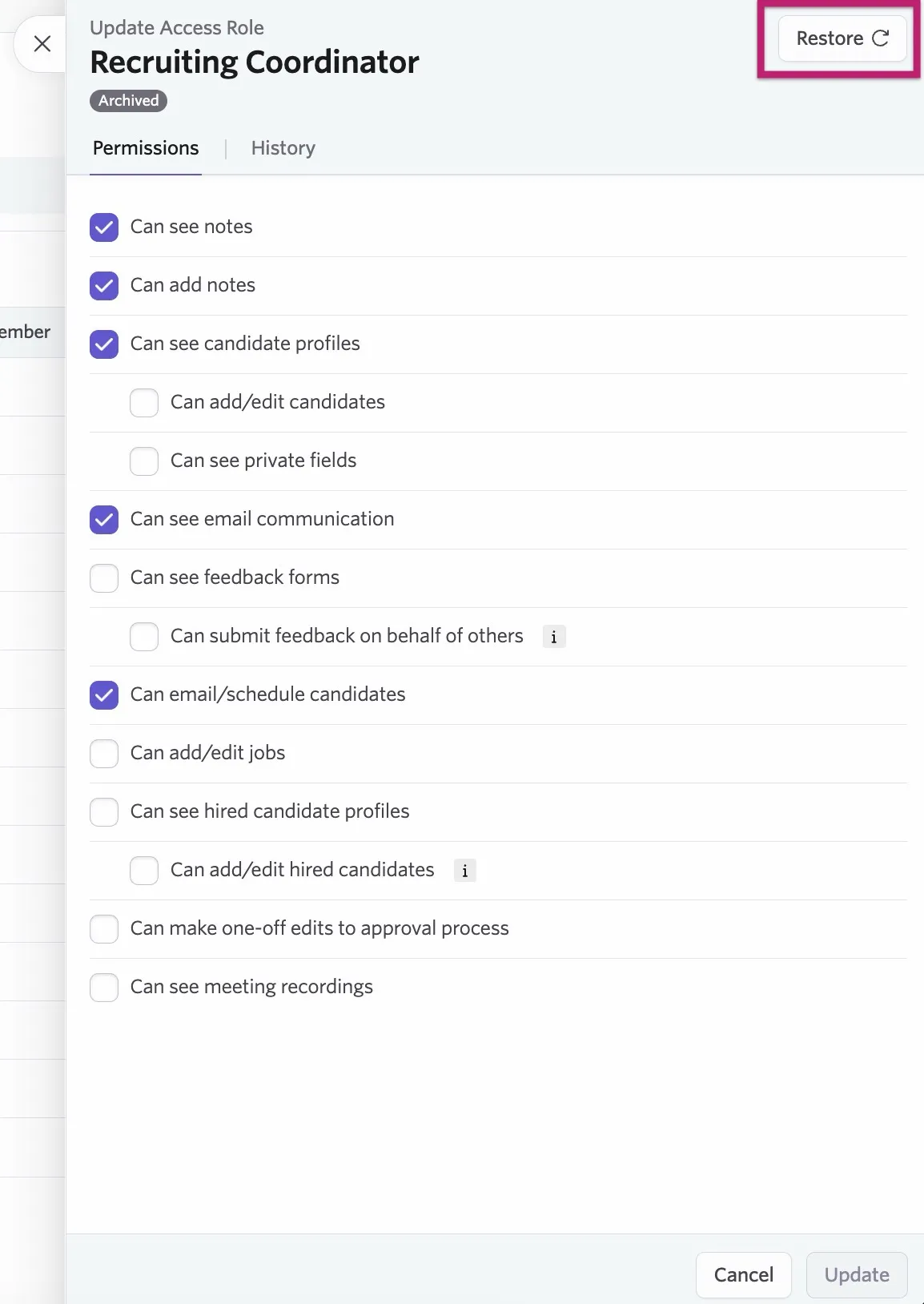 Restoring a custom access role.