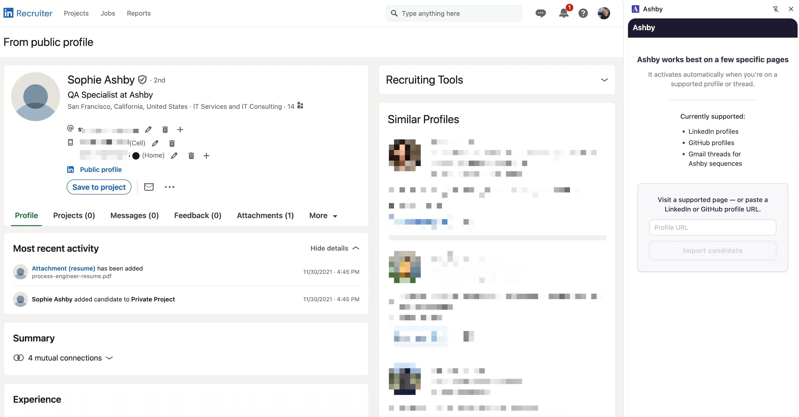 Screenshot of the Profile URL field in the Ashby Chrome extension for adding a LinkedIn Recruiter candidate Screenshot of the Profile URL field in the Ashby Chrome extension for adding a LinkedIn Recruiter candidate