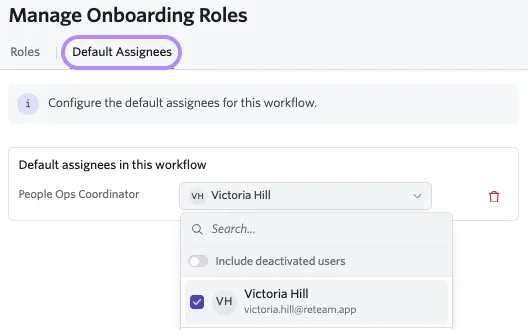 Screenshot of the Default Assignees tab in Manage Roles with a Custom Role and assignee selected