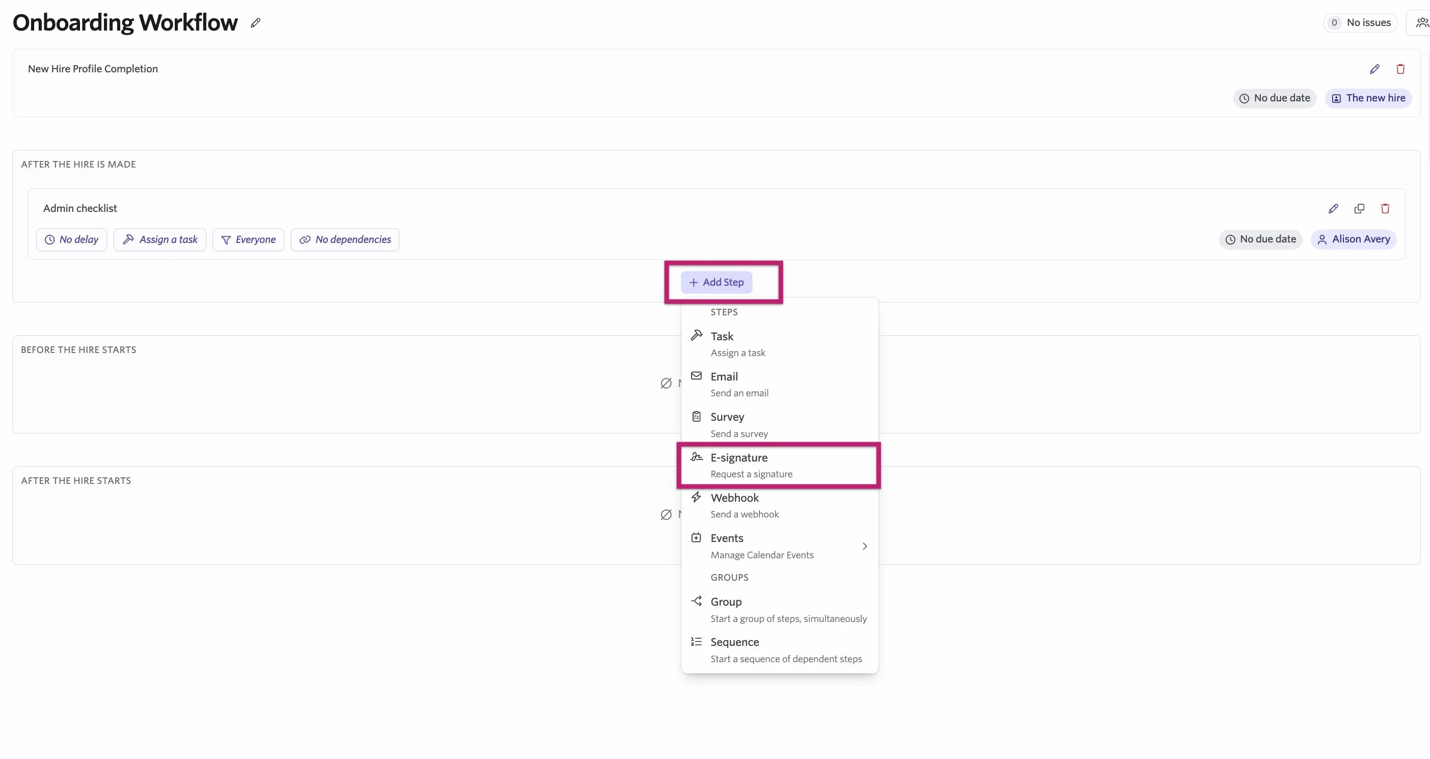 Adding an e-signature step to a workflow.