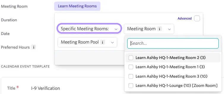 The screenshot shows specific meeting rooms being selected.