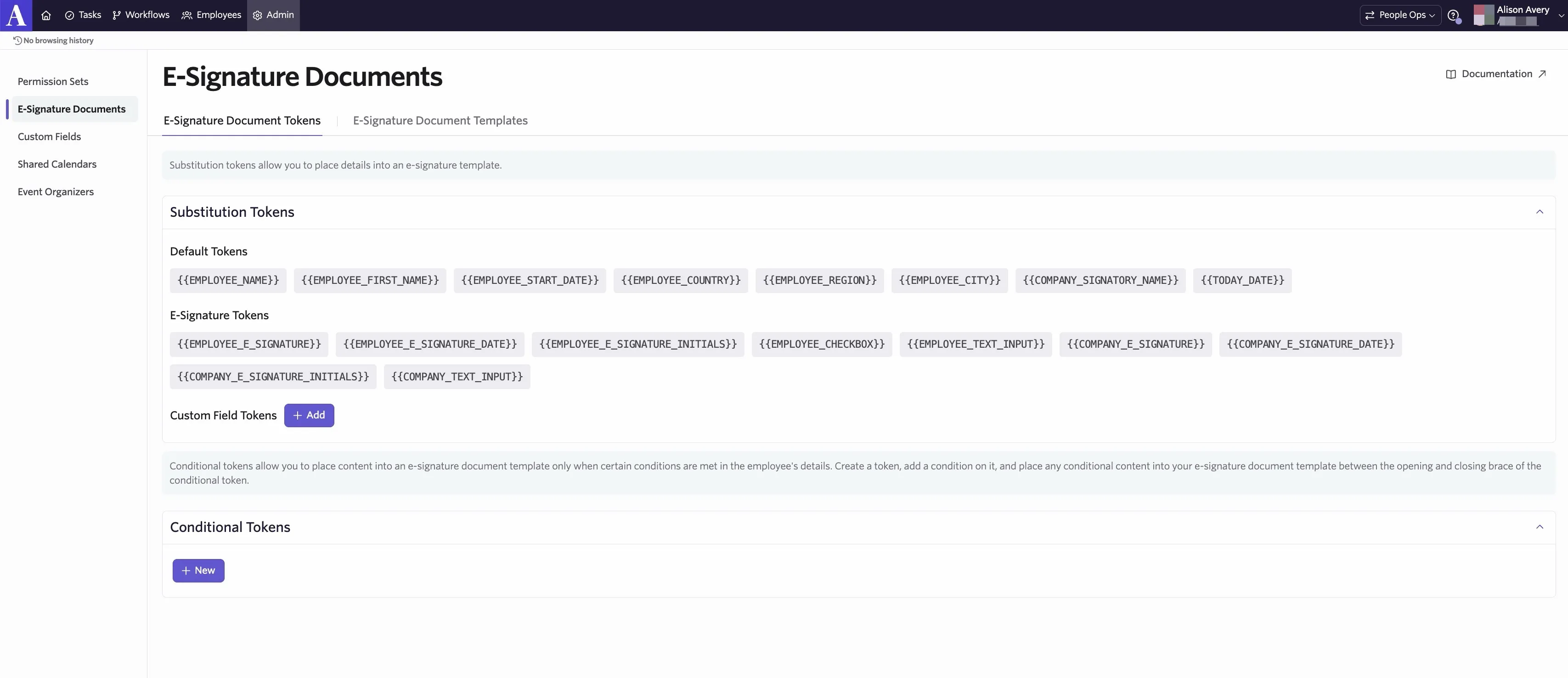 The screenshot shows the e-signature documents page in People Ops. Click the tokens to copy them.
