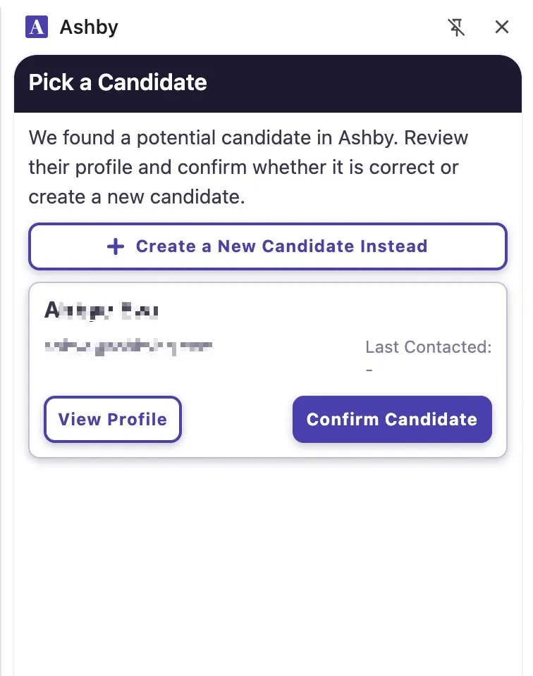 Screenshot of the Ashby Chrome extension on a GitHub profile, showing the Confirm Candidate and Create a New Candidate Instead options Screenshot of the Ashby Chrome extension on a GitHub profile, showing the Confirm Candidate and Create a New Candidate Instead options