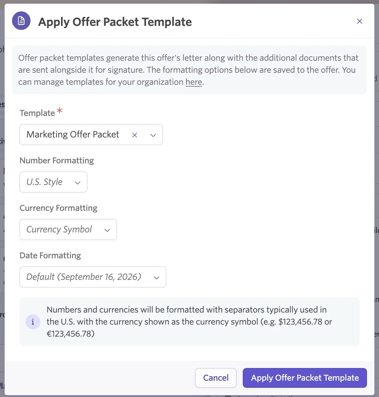 Apply Offer Packet Template dialog with the Marketing Offer Packet selected and options to configure number, currency, and date formatting before applying the template. Apply Offer Packet Template dialog with the Marketing Offer Packet selected and options to configure number, currency, and date formatting before applying the template.