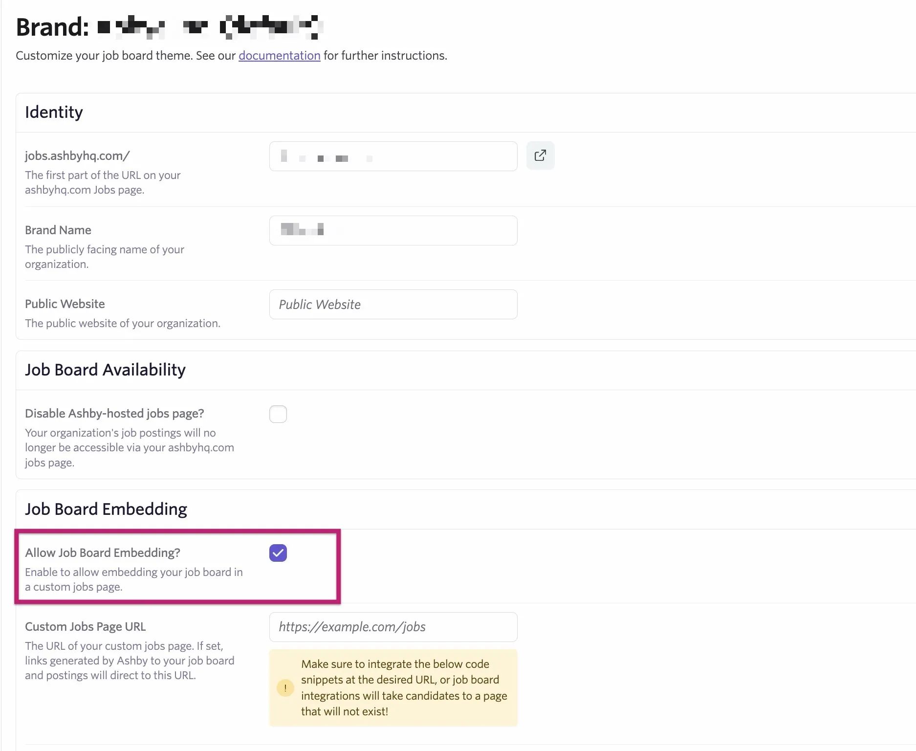 The Allow Job Board Embedding? checkbox
