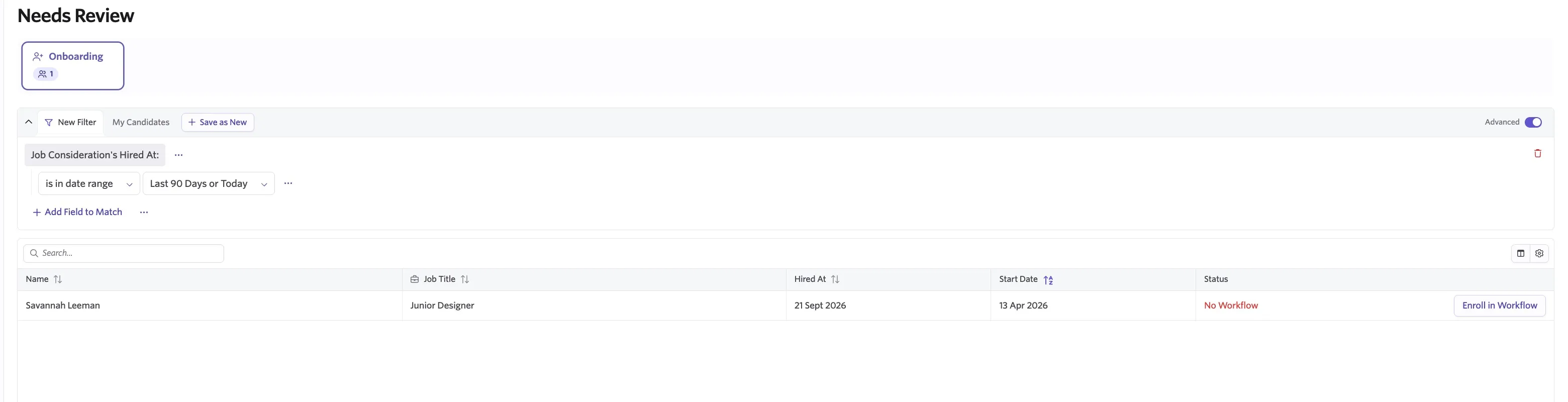 The Needs Review tab on the home page, showing a new hire that needs to be enrolled.