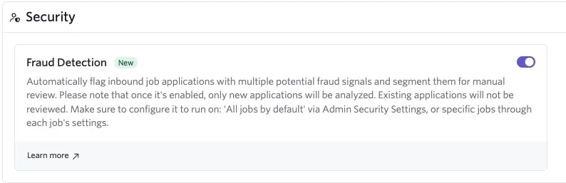 Screenshot showing the Fraud Detection tile toggled on. Screenshot showing the Fraud Detection tile toggled on.