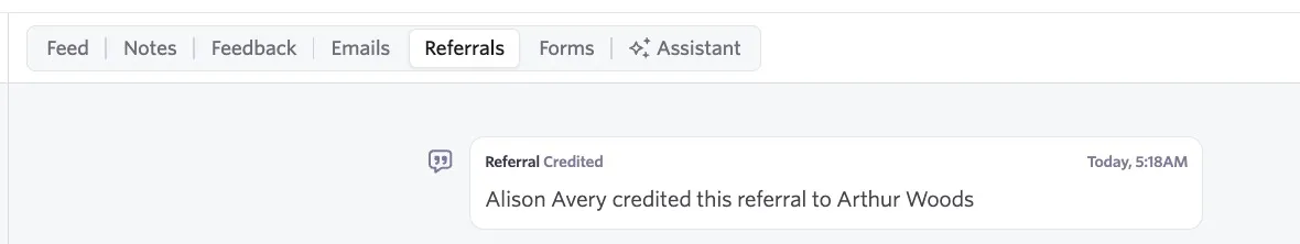 The screenshot shows a Referral Credited event in which the referral is manually credited to a user.