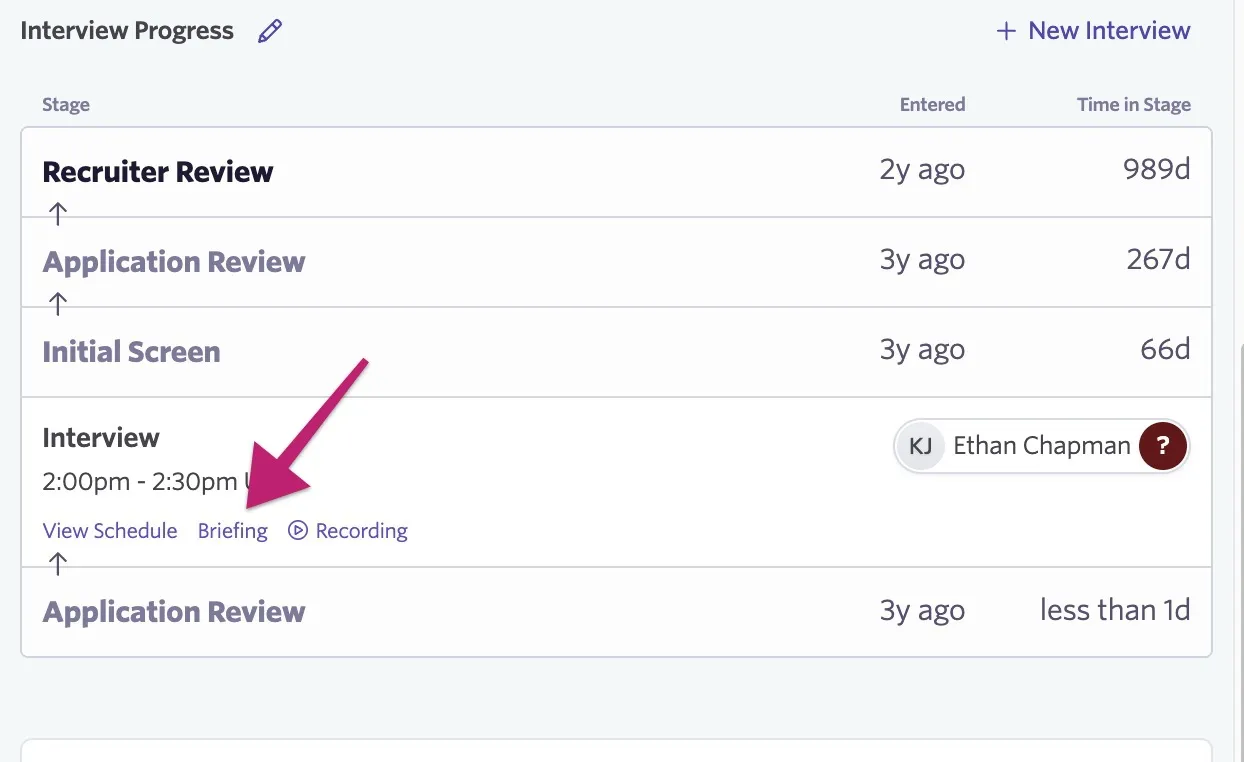 Screenshot of the candidate profile activity feed showing the Interview Progress section with a completed recording.