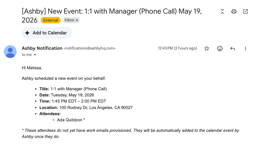 The screenshot shows an email sent when a new event is scheduled.