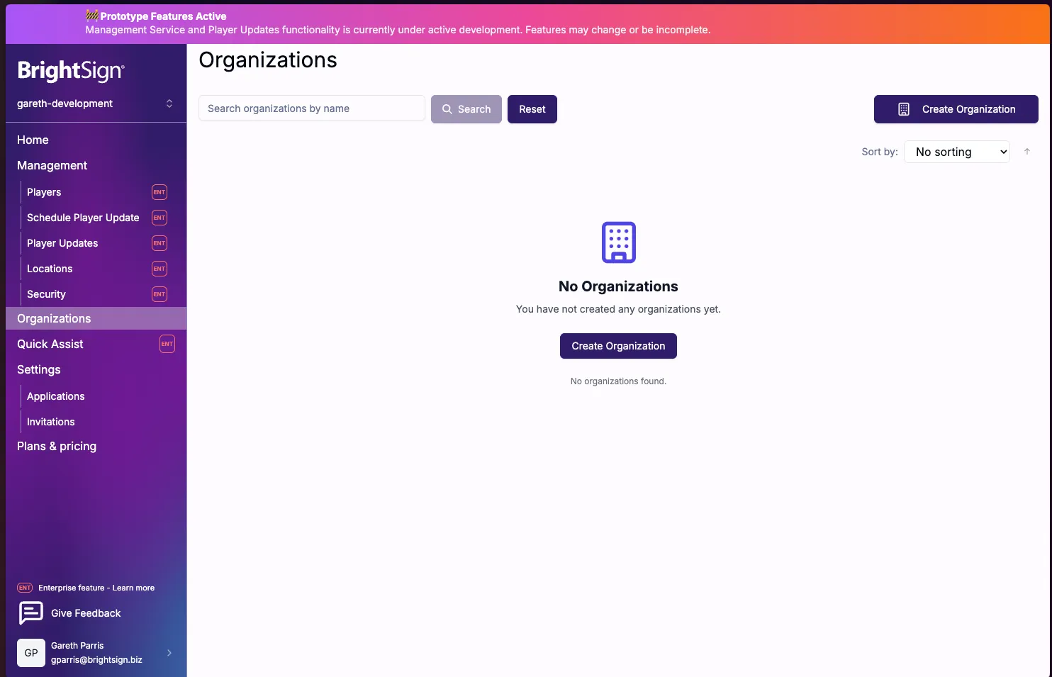 Página de Organizations de Admin Panel