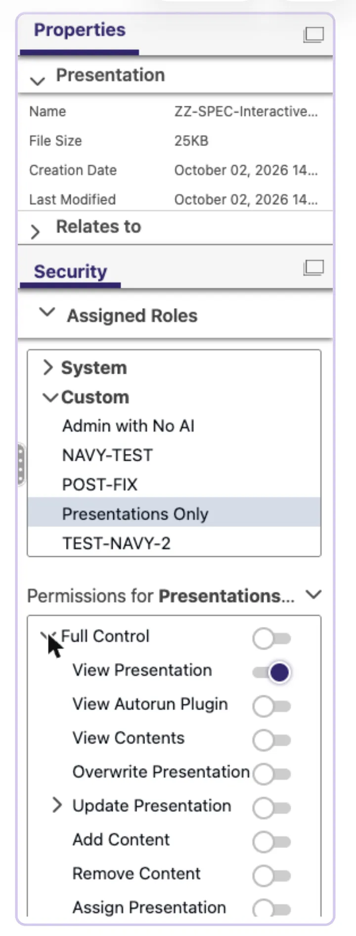 View Presentation is shown because this role allows presentations on the Roles + Permissions page. View Presentation is shown because this role allows presentations on the Roles + Permissions page.