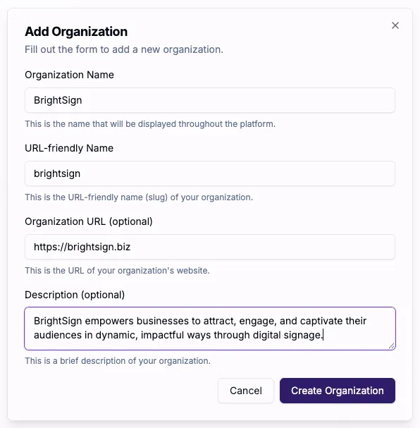 Formulario de detalles de la organización