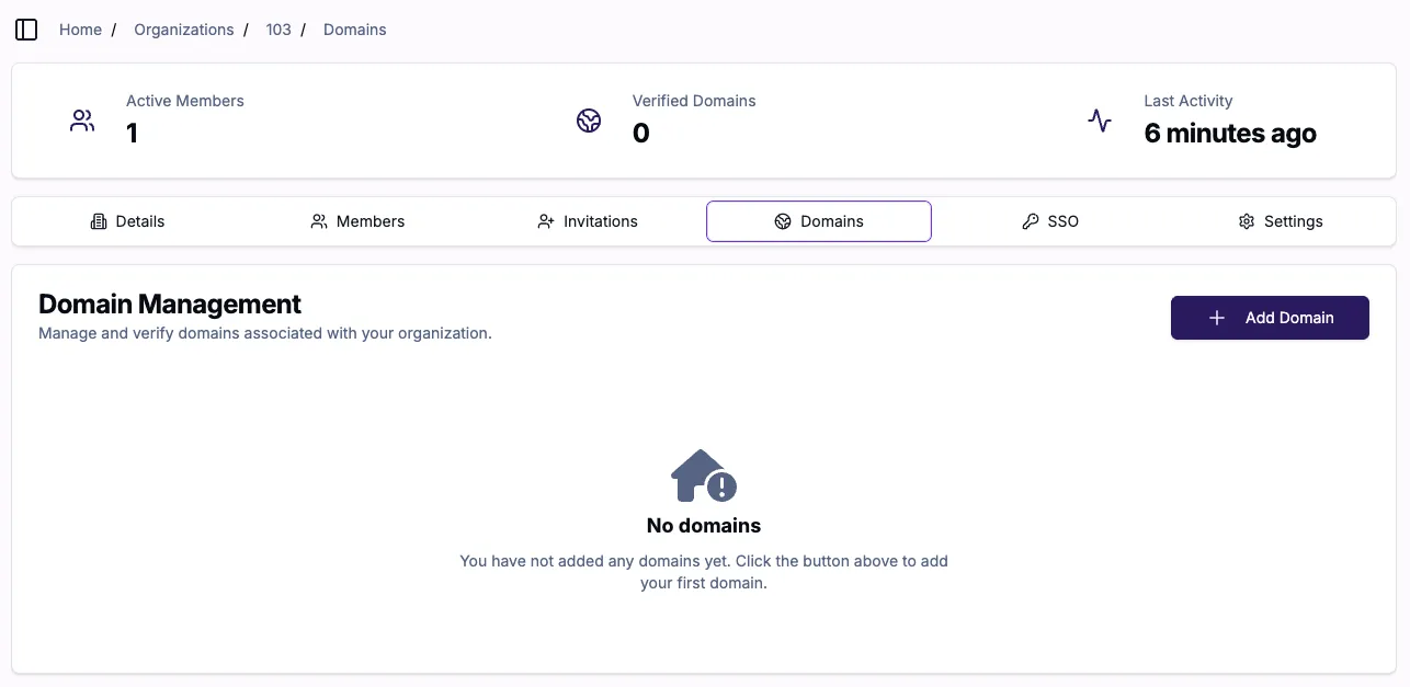 Pestaña Domains de la organización