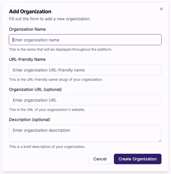 Formulario de detalles de la organización