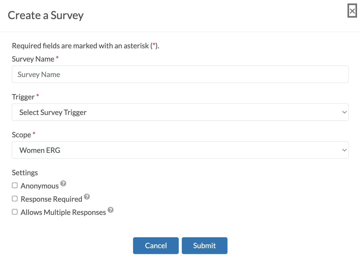 Survey creation window.