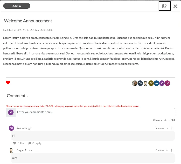 Likes and Comments section