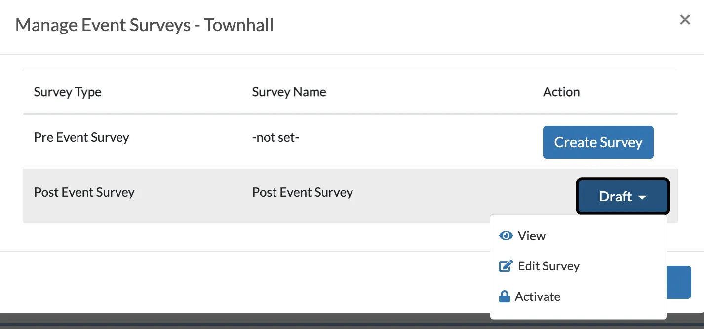 The Manage Survey window The Manage Survey window