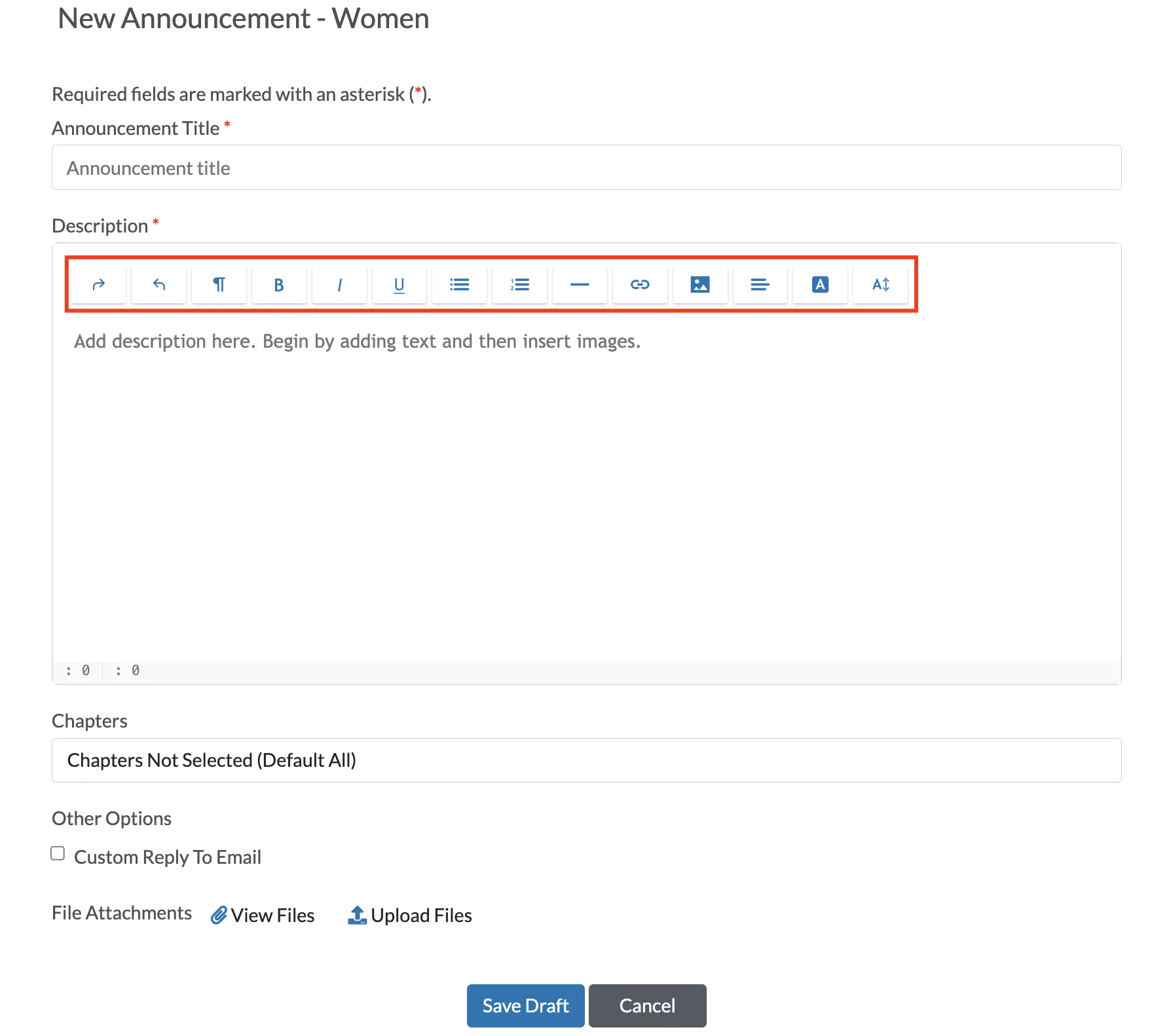 New annoucement editor and toolbar location
