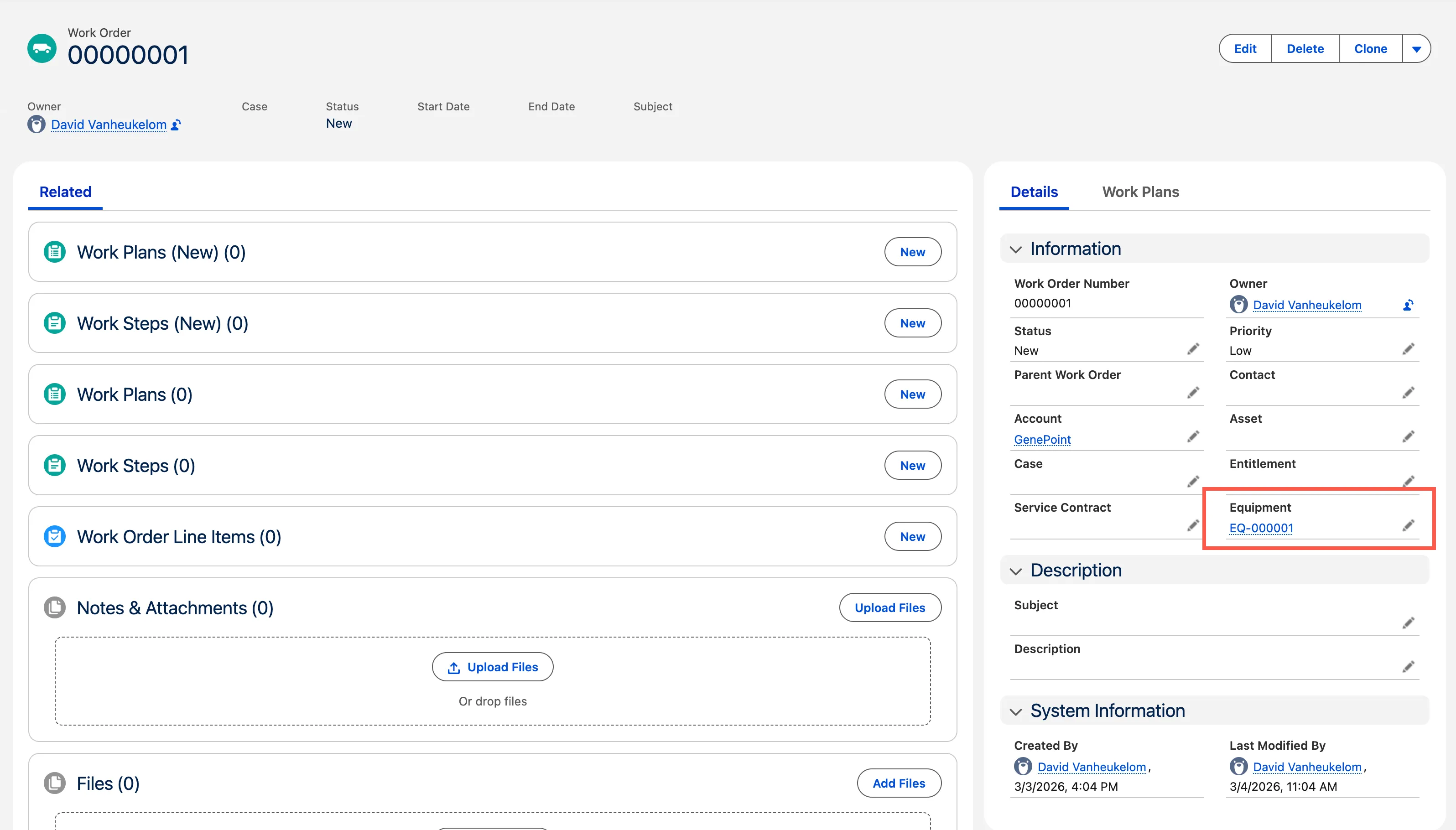 Equipment field available at Work Order record.