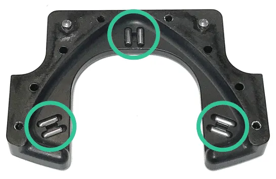 Disassembled platform latch showing 3 kinematic pin mounts that support the platform.
