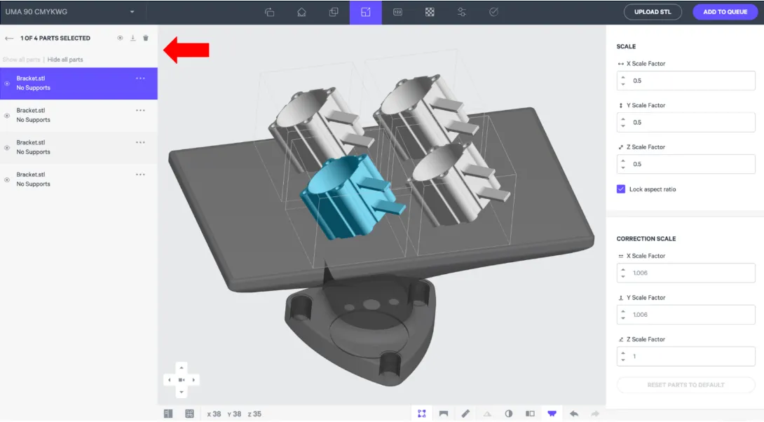 Example: Parts List on the left-hand side of the UI shows four individual parts