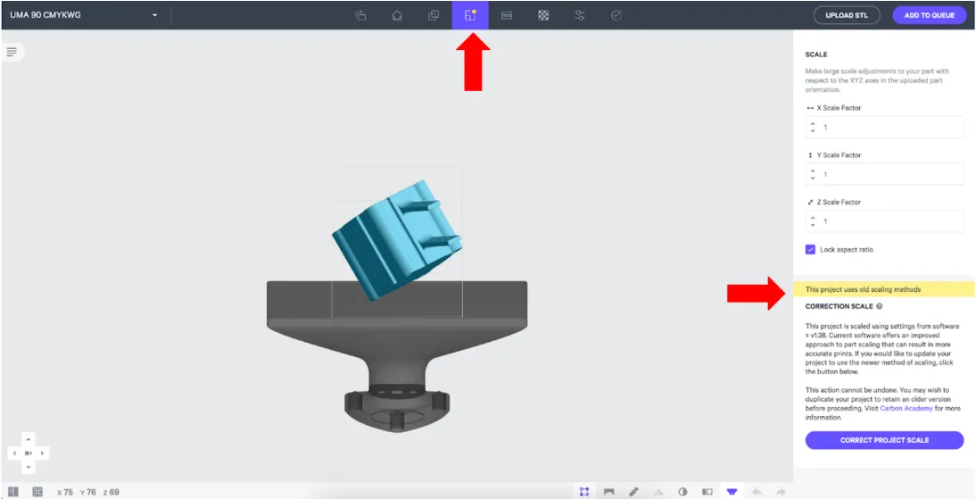 Example: Outdated correction scaling alert shown within the Scale tab in the Print Prep UI