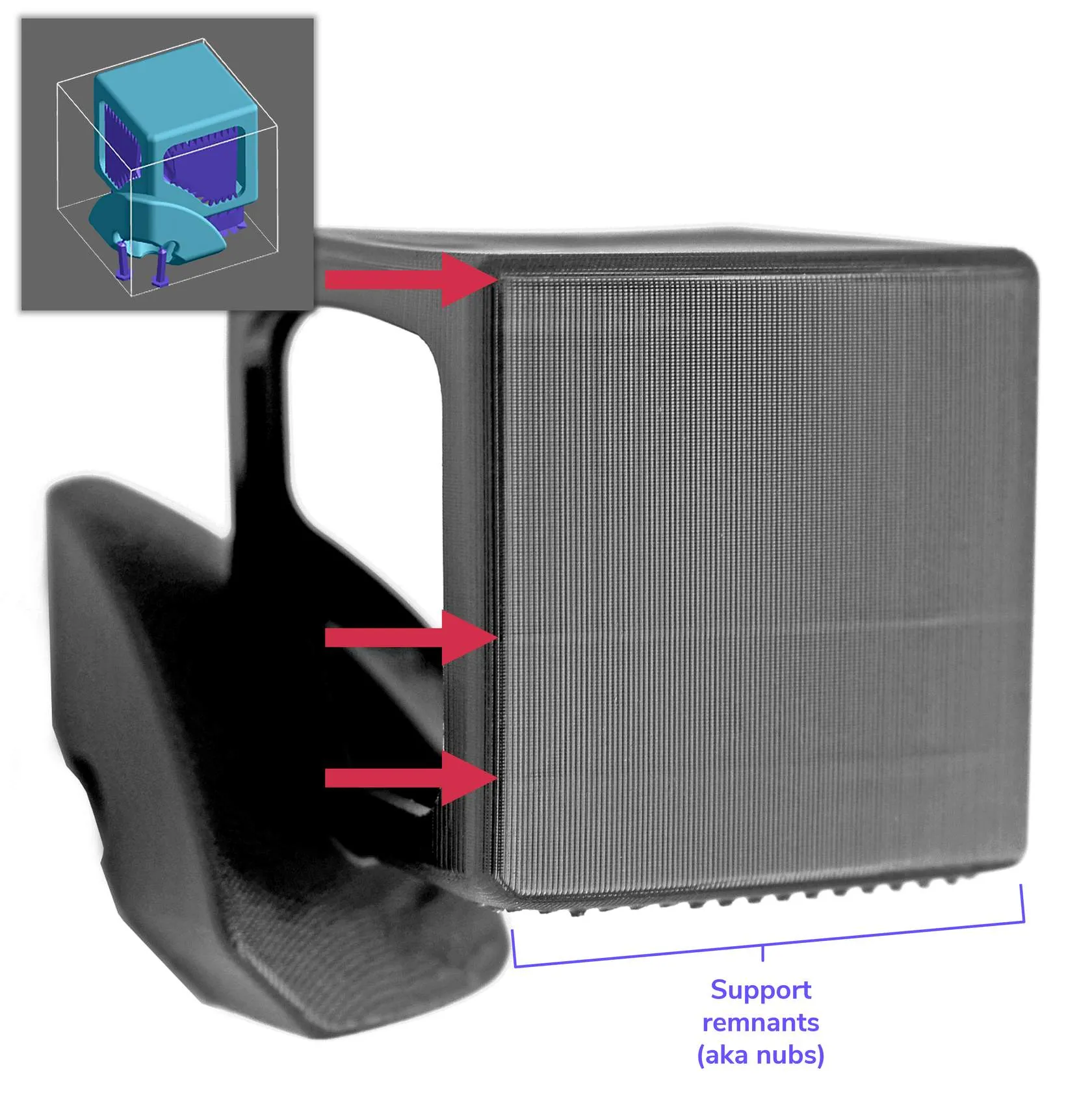 Part printed with a sub-optimal orientation resulting in resin flow band defects and requiring supports that were not needed in the optimal orientation Part printed with a sub-optimal orientation resulting in resin flow band defects and requiring supports that were not needed in the optimal orientation