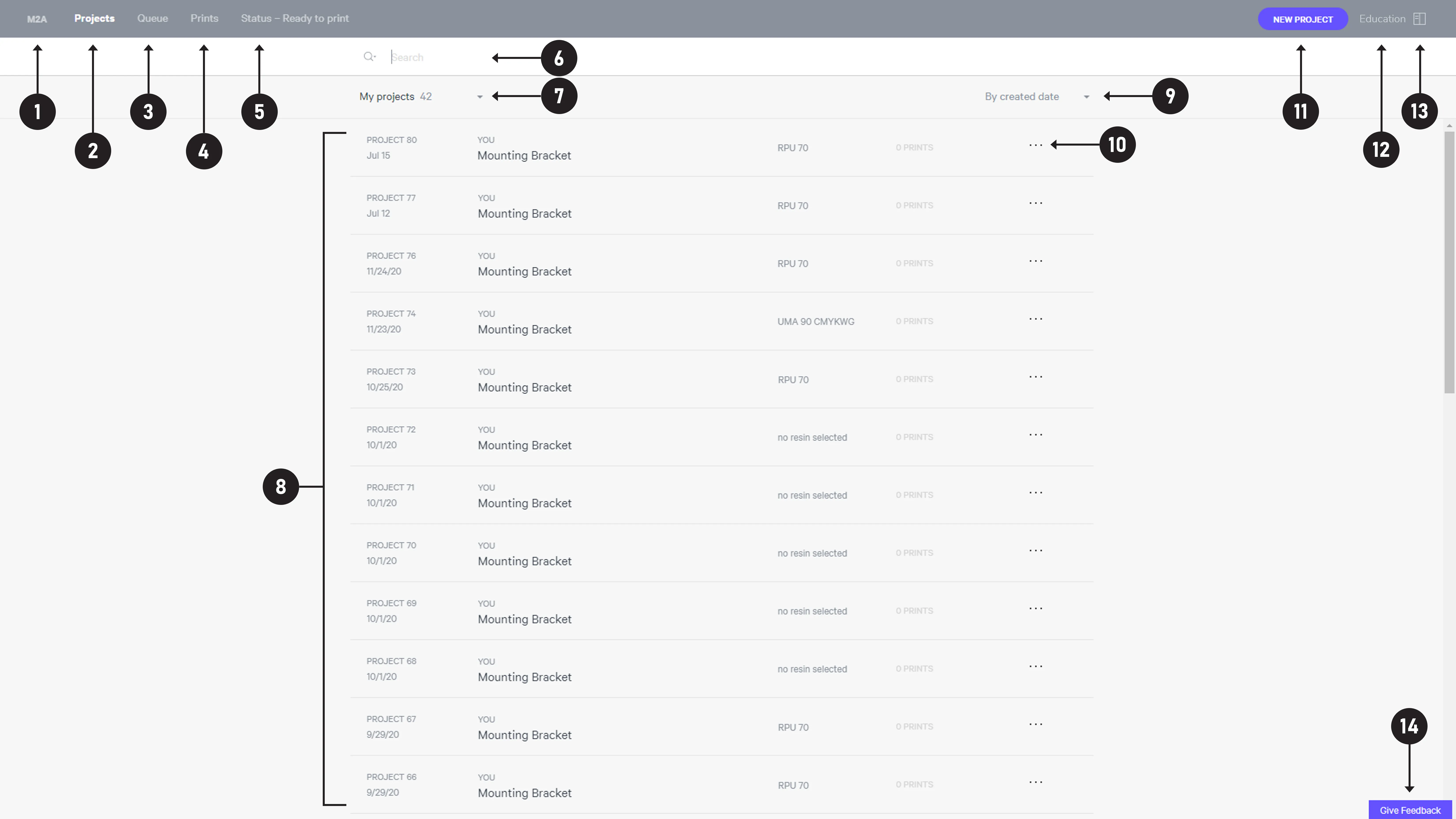Printer Projects UI with number key