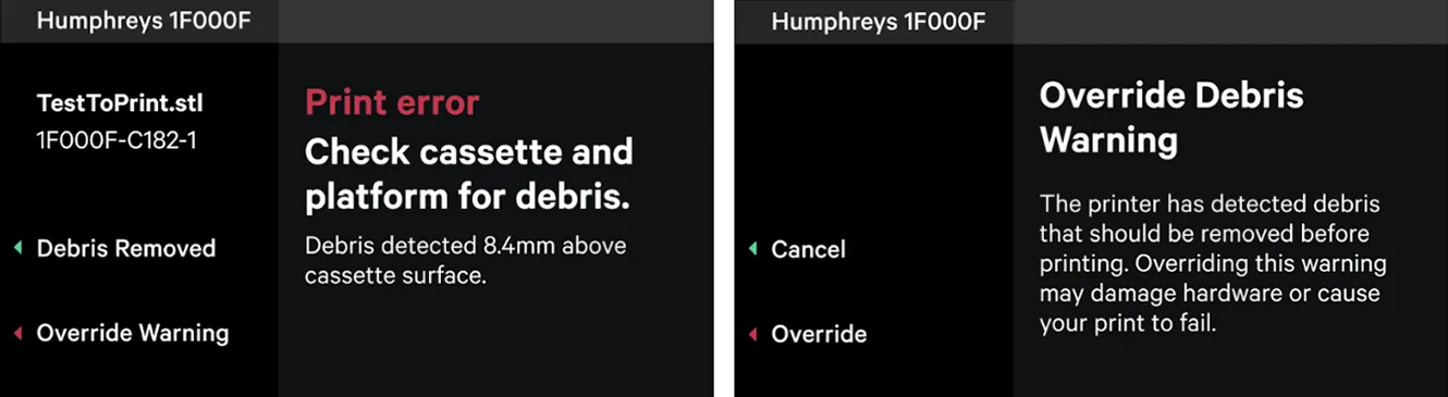 Example: User-facing alert when debris is detected
